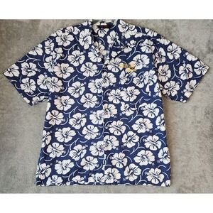 Cache Creek Shirt Mens Large Navy Blue White Hibiscus Floral Short Sleeve Button